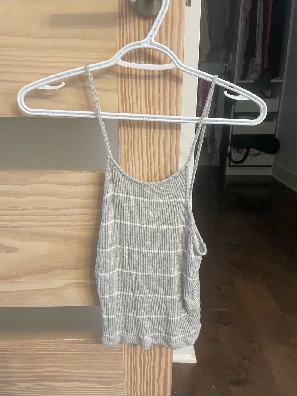 Twik Light Gray Striped Ribbed Spaghetti Strap Tank Top - medium